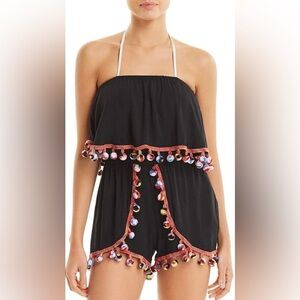 Surf Gypsy Pom Pom Romper Black Gauze Strapless Lightweight Beachy Vacation Sz S